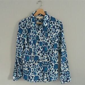 Jones NY Sport Blue White Button Down Floral Shirt M